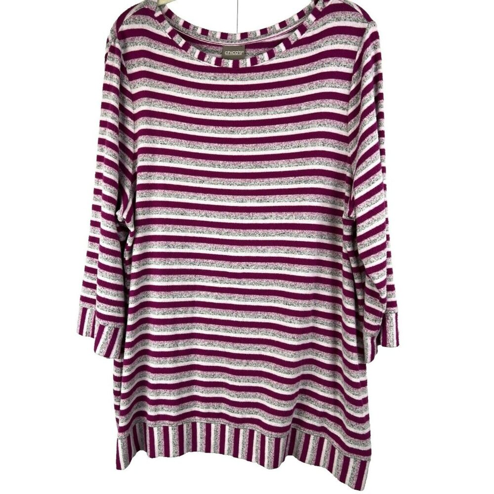 Chicos Top Stretch Knit Sweater‎ Size 3 US XL Pink Gray Brushed Soft 3/4 Sleeves